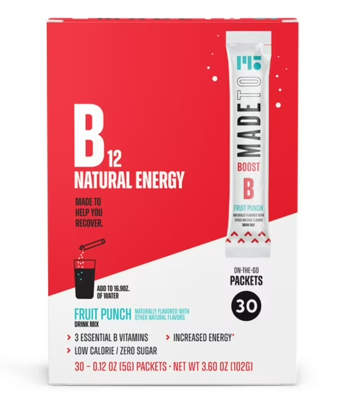 MadeTo B12 Natural Energy Packets, Fruit Punch, Count of 30, BB: 07/25/2022