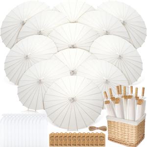 Huhumy 12 Set Parasol Umbrella 33 Inch Wedding Paper Umbrellas Thank You Card Chinese Japanese Parasol DIY Oiled Paper Painting Craft Decorative for Bridal Party Decor Outdoor Photography Props(White)
