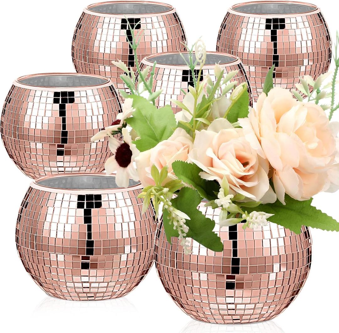 Inbagi 6 Pcs Disco Ball Planter Disco Ball Vase Centerpieces Mirror Glass Flower Vase Decor Candle Holder Bulk for Wedding Birthday Party Bedroom Kitchen Office (Rose Gold,3 x 4 Inch)