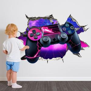 3D Game Wall Decals Luminous Broken Wall Gaming Decor for Boys Bedroom Kids Blu-ray Gamepad Wall Stickers (ATW3067)