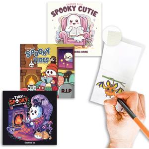 Chason & Co Mini Coloring Book Adult Bulk - Small Coloring Books for Adults | Bold and Easy, Cute Art for Teens & Women Stress Relief | 50 Pages x 3 Pack Travel Size + Bleed Guard Page (Spooky Cutie)