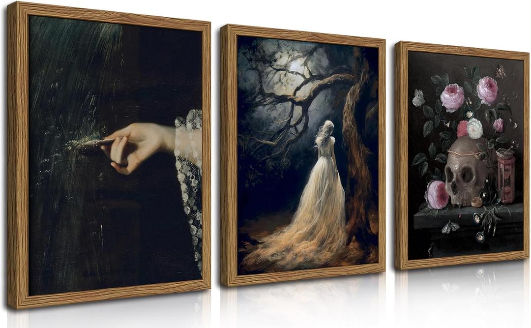 Gothic Canvas Wall Art Set of 3 Dark Goth Wall Decor Dark Gothic Halloween Room Decor Victorian Witchy Poster Prints Aesthetic for Bedroom Bathroom Living Room Framed 16X24 Inch (Black)
