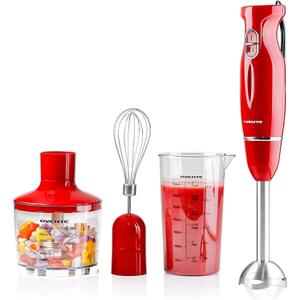 OVENTE Immersion Hand Blender Set, 300W Corded Electric Handheld Stick Mixer, 2 Mixing Speeds with Stainless Steel Blades, Egg Whisk, Beaker & BPA-Free Food Chopper, Red HS565R