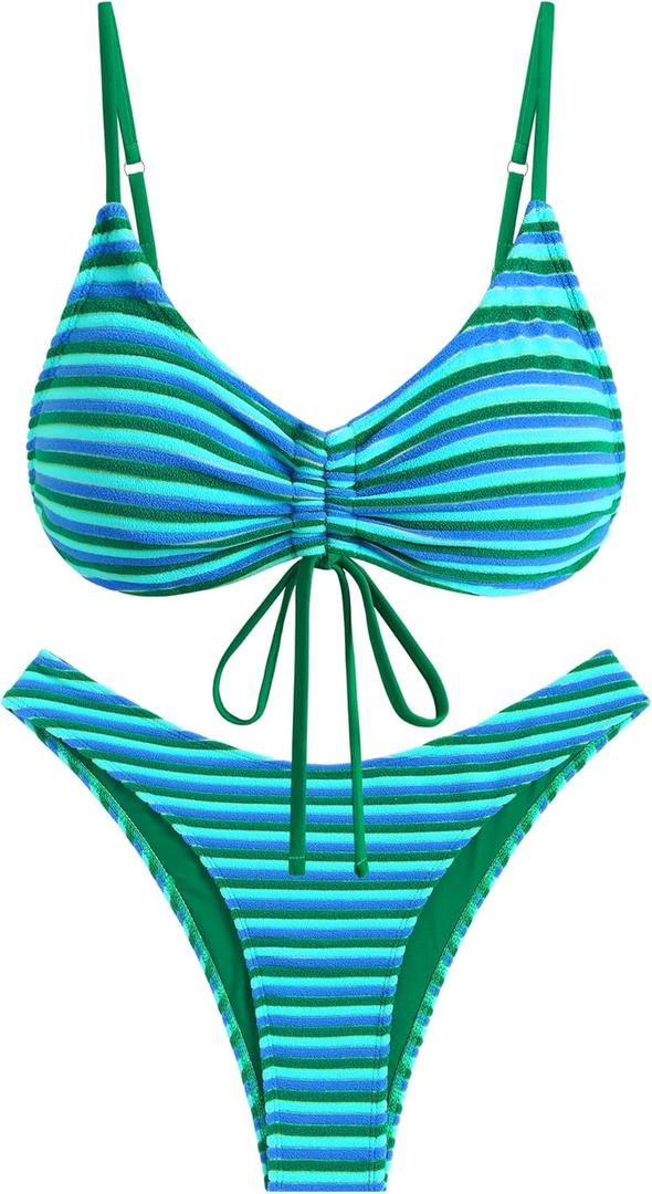 ZAFUL Women's Bikini Sets Flocking Textured High Cut Ruched Swimsuit Colorful Stripes Drawstring Bathing Suit (Medium, 0-blue Green)