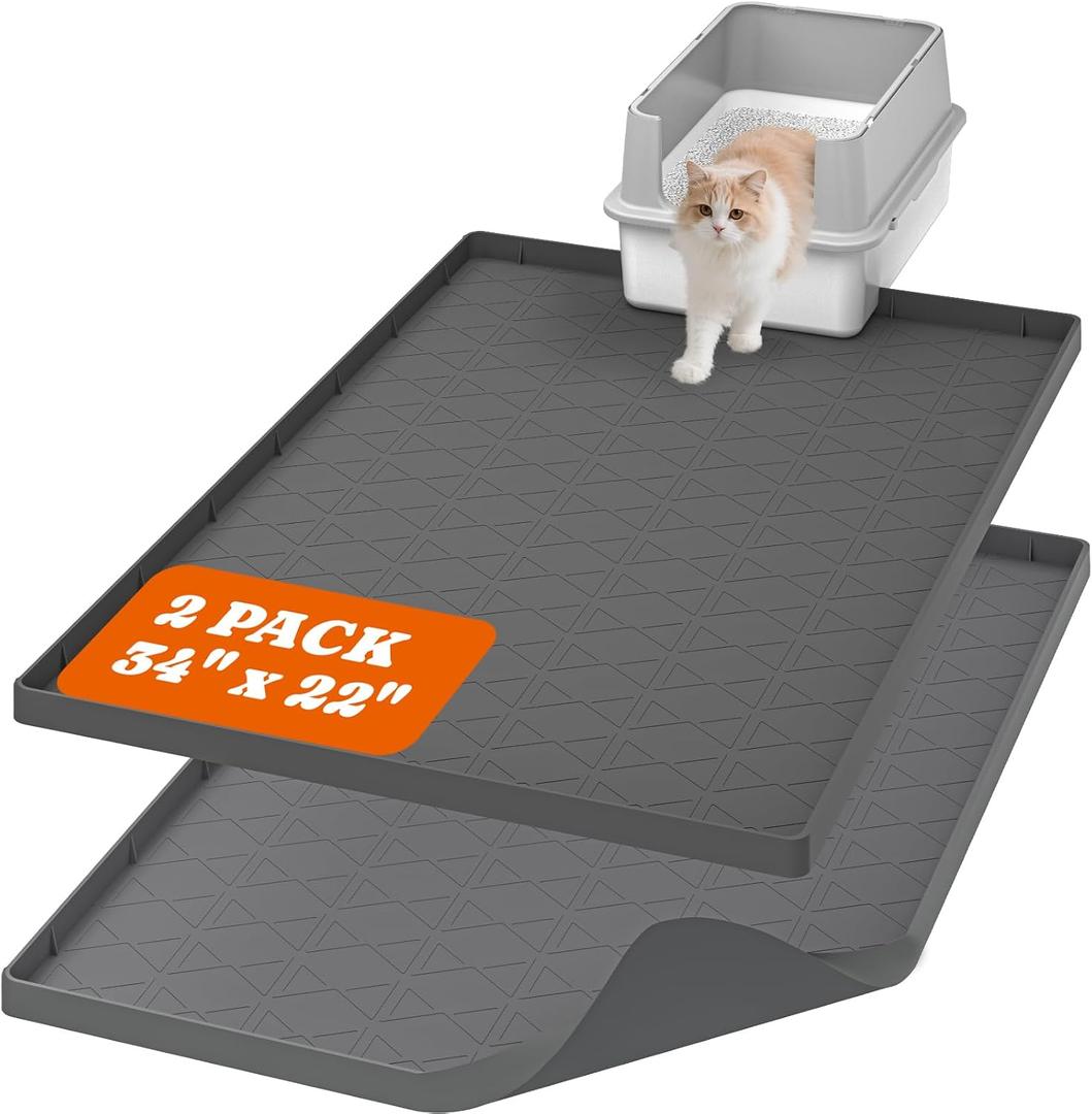 Pawtners Large Cat Litter Mat for Litter Box 2 Packs, 34" x 22" Waterproof Silicone Pad for Floor, Easy to Clean, Gray