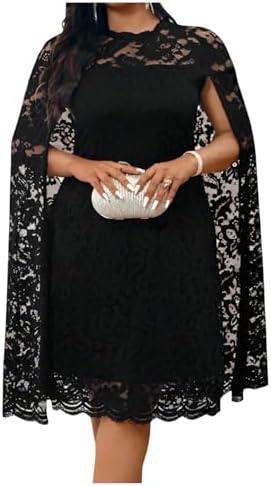 BEAUDRM Women's Plus Size Lace Cape Dress Cloak Sleeve Crewneck Elegant Cocktail Party Dresses Wedding Guset Dress 2XL Plus Black