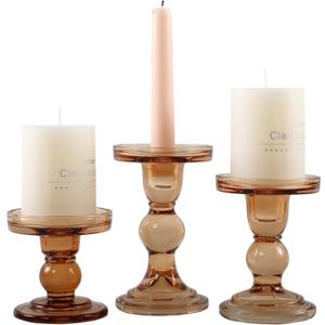 GMWD 3 Pcs Glass Candle Holder Set Clear, Amber Candlesticks Holders Pillar Taper Candles Tealight Stand for Wedding Centerpieces Home Decorations Dining Table