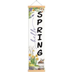 Hello Spring Porch Banner, Rustic Floral Birdcage Door Banner, Hanging Decoration for Indoor Outdoor Home Farmhouse Yard Springtime Party Decor, Seasonal Spring Welcome Flags
