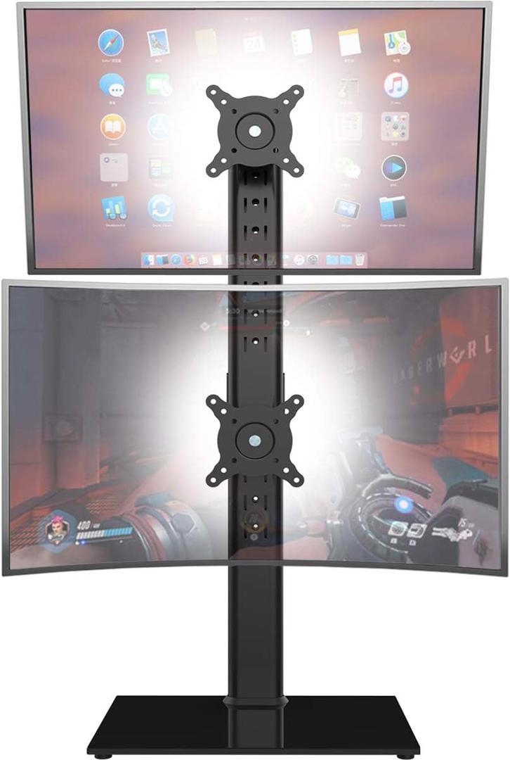 Dual Monitor Stand - Vertical Stack Screen Free-Standing Monitor Riser Fits Two 13 to 34 Inch Screen with Swivel, Tilt, Height Adjustable, Holds One Screen Up to 44Lbs (Black)