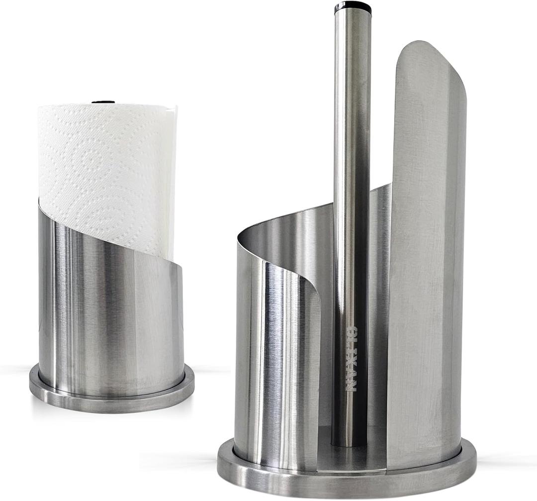 Stainless Steel Paper Towel Holder Countertop, Modern Spiral Cover Design,Weighted Base for Stability, Freestanding Easy One-Handed Operation for Kitchen Bathroom (Brushed Silver)