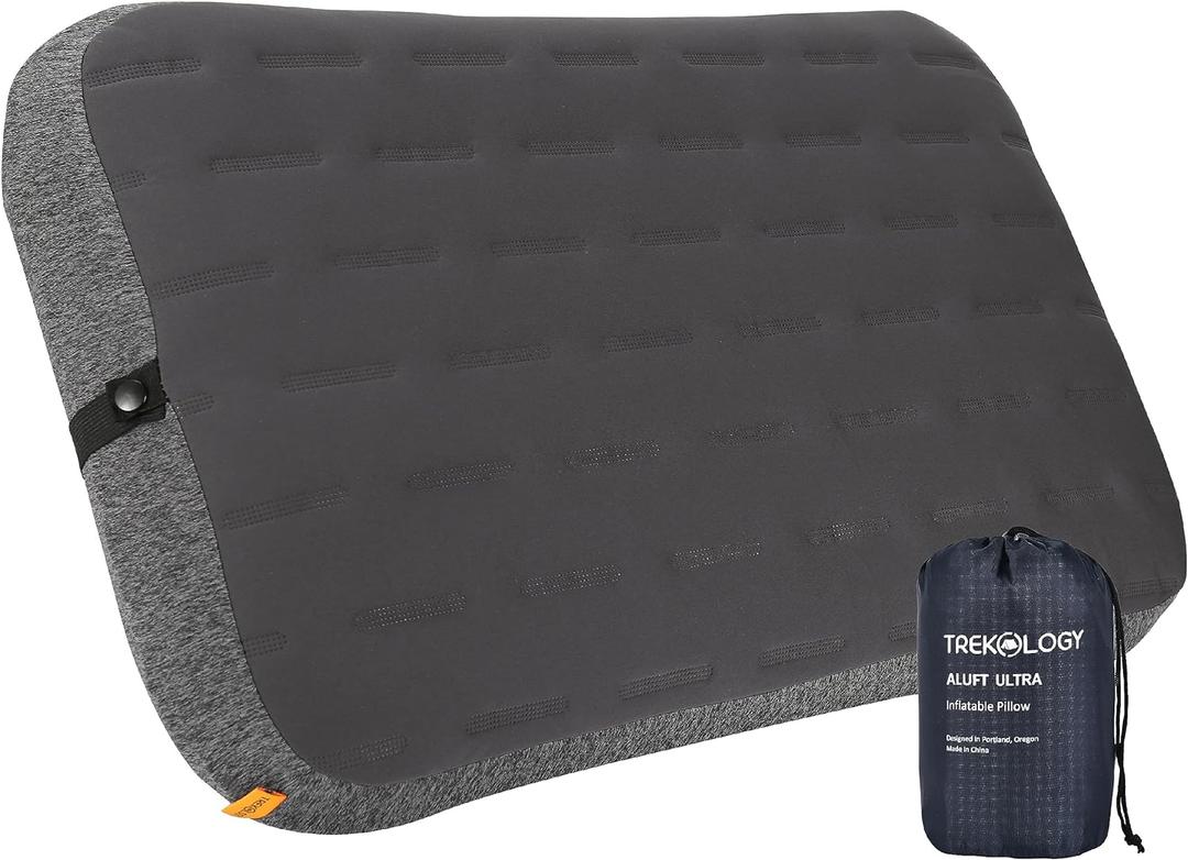 TREKOLOGY Camping Pillow - Large Inflatable (24"x15") for Home-Like Comfort, Portable & Ergonomic, Easy to Clean, Durable & Leak-Proof, Removable Strap for Secure Fit  ALUFT Ultra (Grey) (Gray)