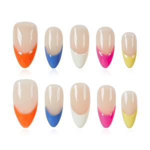 4 x Handmade Rainbow French Tip Press on Nails Medium Almond - Colorful Edge Design, Sheer Nude Glossy Reusable False Nails for Summer (Colorful Nude French,M)