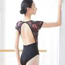 Daydance Black Women Leotards for Ballet, Flower Print Open Back Dance Wear