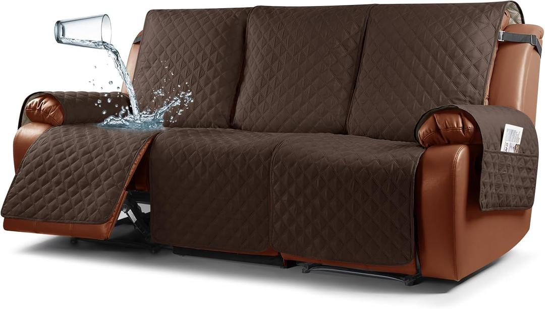 Ruaozz Waterproof Recliner Sofa Cover 1-Piece Couch Covers for Reclining Couches Reclining Sofa Cover Washable Furniture Protector with Elastic Straps Pocket for Kids, Pets (Dark Brown, 3 Seater)