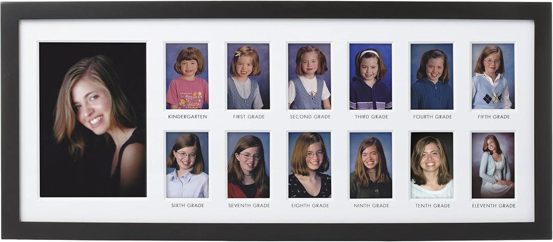 Pearhead School Years Graduation Frame, K-12 Photo Collage Picture Frame, Kindergarten to 12th Grade Keepsake, Graduation Party Decor, 13 Photo Wall Display, Black, One Size