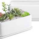 MyGift 10 Inch Modern Unglazed White Ceramic Indoor Plant Pot with Drainage Hole, Rectangular Succulent Planter Window Box with Removable Saucer, 2 Pack
