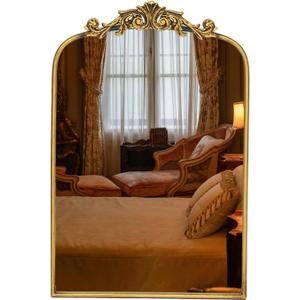 Gold Baroque Mirror Antique 16x24 Inches - Vintage Arched Mirror with Ornate Gold Frame for Entryway, Narrow Hallway & Bathroom Wall Decor