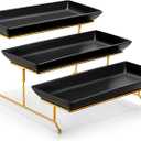 MALACASA 3 Tier Serving Trays for Party, 14 Inch Porcelain Black Trays for Serving Food, Dessert Stand with Collapsible Gold Metal Rack