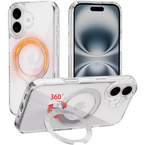for iPhone 16 Case Clear with 360Spin Magnetic Stand, Compatible with MagSafe, Military-Grade Slim Hard Protective Cover Kickstand & CD Ring Holder,6.1"