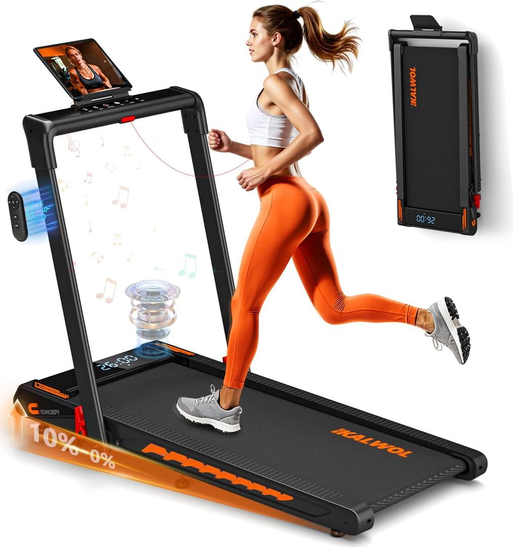 Treadmill with Speaker, 6-in-1 7.5MPH Foldable Treadmill for Home with App Compatible, Walking Pad with 10% Incline, LED Display, 3.0HP Brushless Drive, 350 LB Weight Capacity, 12 HIIT Programs (Black Orange)