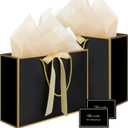 Woric Black Gift Bags with Handles, 14" Medium Gift Bag with Tissue Paper, 2 Pcs Bags with 4 Tissue Paper and 2 Cards for Graduation Boys Men Birthday Party Baby Shower