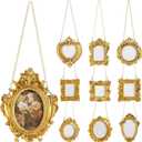 Weysat 10 Pcs Gold Vintage Mini Picture Frame Tiny Ornate Resin Picture Frames Oval Rectangle Baroque Antique Hanging Ornament with Back and Chain for Wall Home Wedding