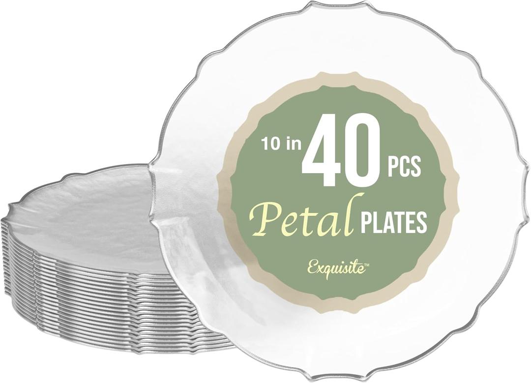 Exquisite Elegant Plastic Plates for Party - 40 x 10 Inch Dinner and Dessert Set - Thin Delicate Fancy Disposable Plates | Clear With Silver Rim