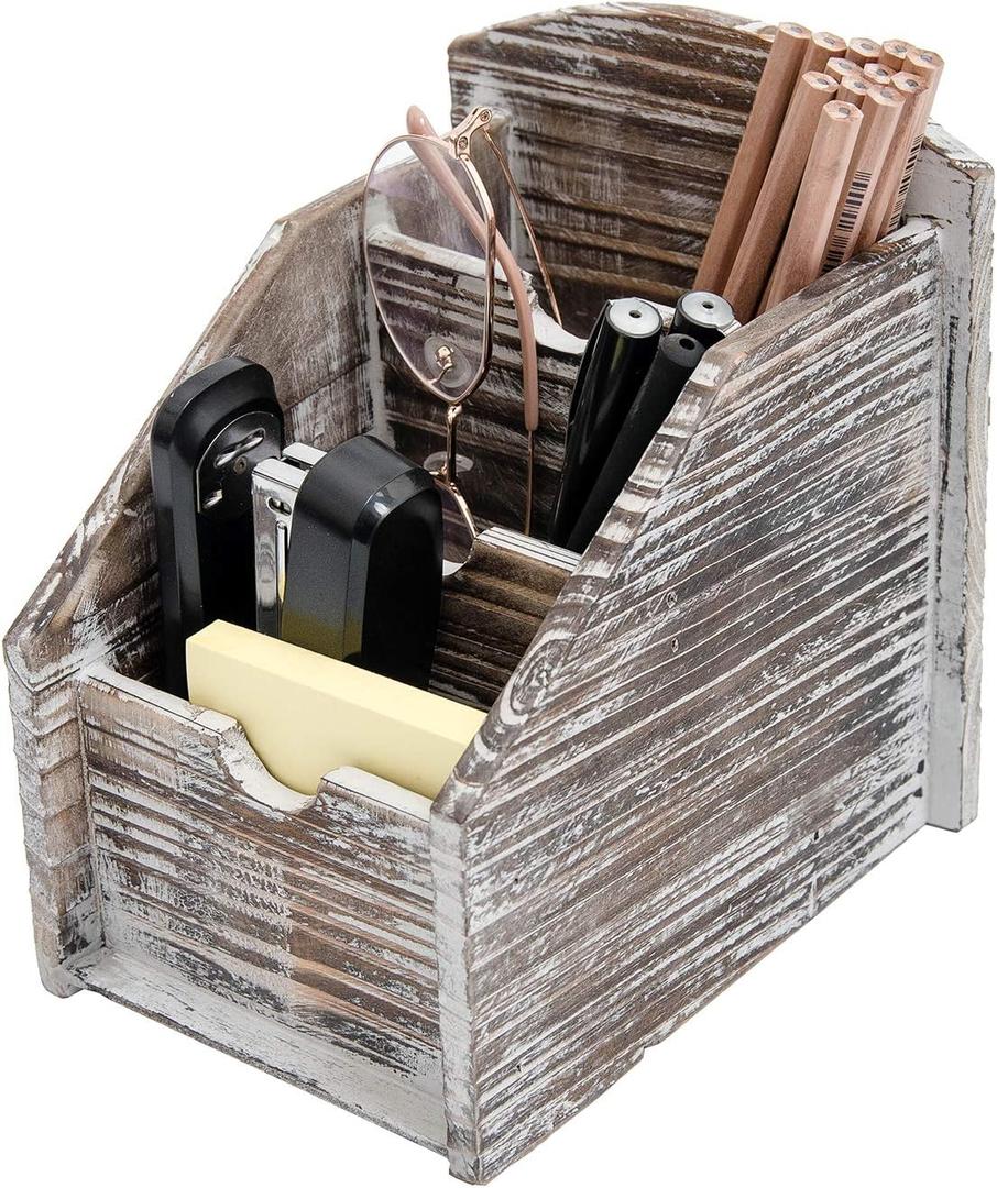 VERGOODR 3 Slot Rustic Wooden Remote Control Frame Media Organizer, Office Supply Storage Rack,Pen storage box (Torched Wood)