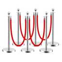 LOVMOR Stainless Steel Stanchion Post, Stanchions with Red Rope, Hollow Base and Velvet Ropes Safety Barriers Set, Carpet Runner for Party (6pack-Silver)
