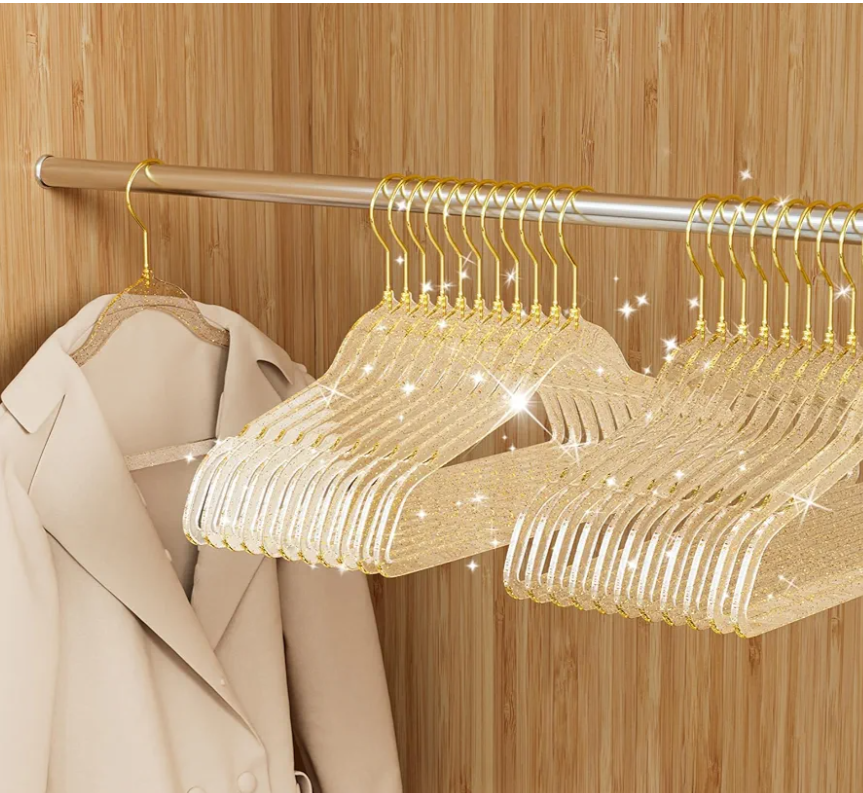 50 Pack Clear Plastic Hangers with Gold Glitter, Acrylic, Ultra Slim, Space Saving, for Coats, Pants, Suits, Shirts, Skirts, Dress Clothes