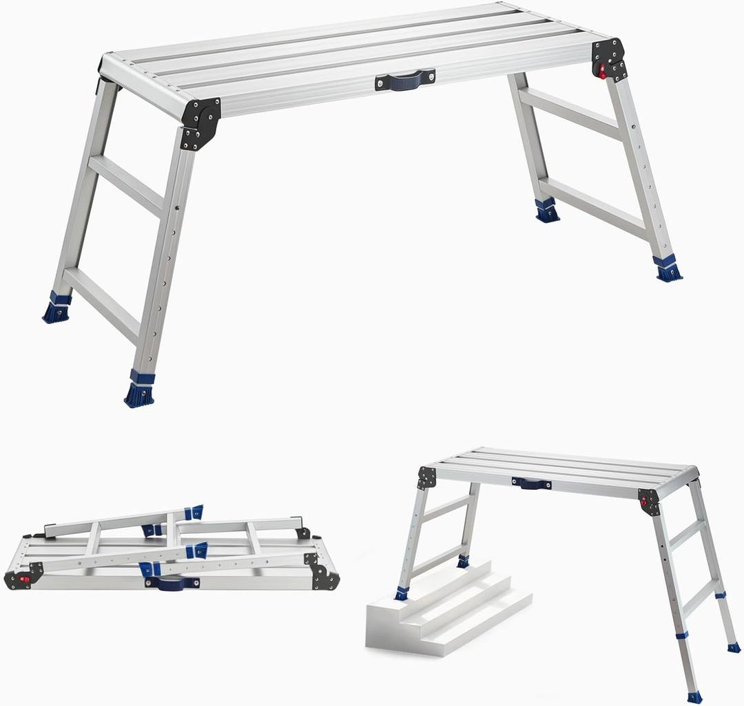VEVOR Folding Work Platform, Adjustable Height 23-34.5 in, 40 x 18 in Aluminum Step Stool, 500 lbs Load Capacity, Heavy Duty Non-Slip Platform Ladder, Portable Work Bench for Painting, Maintenance