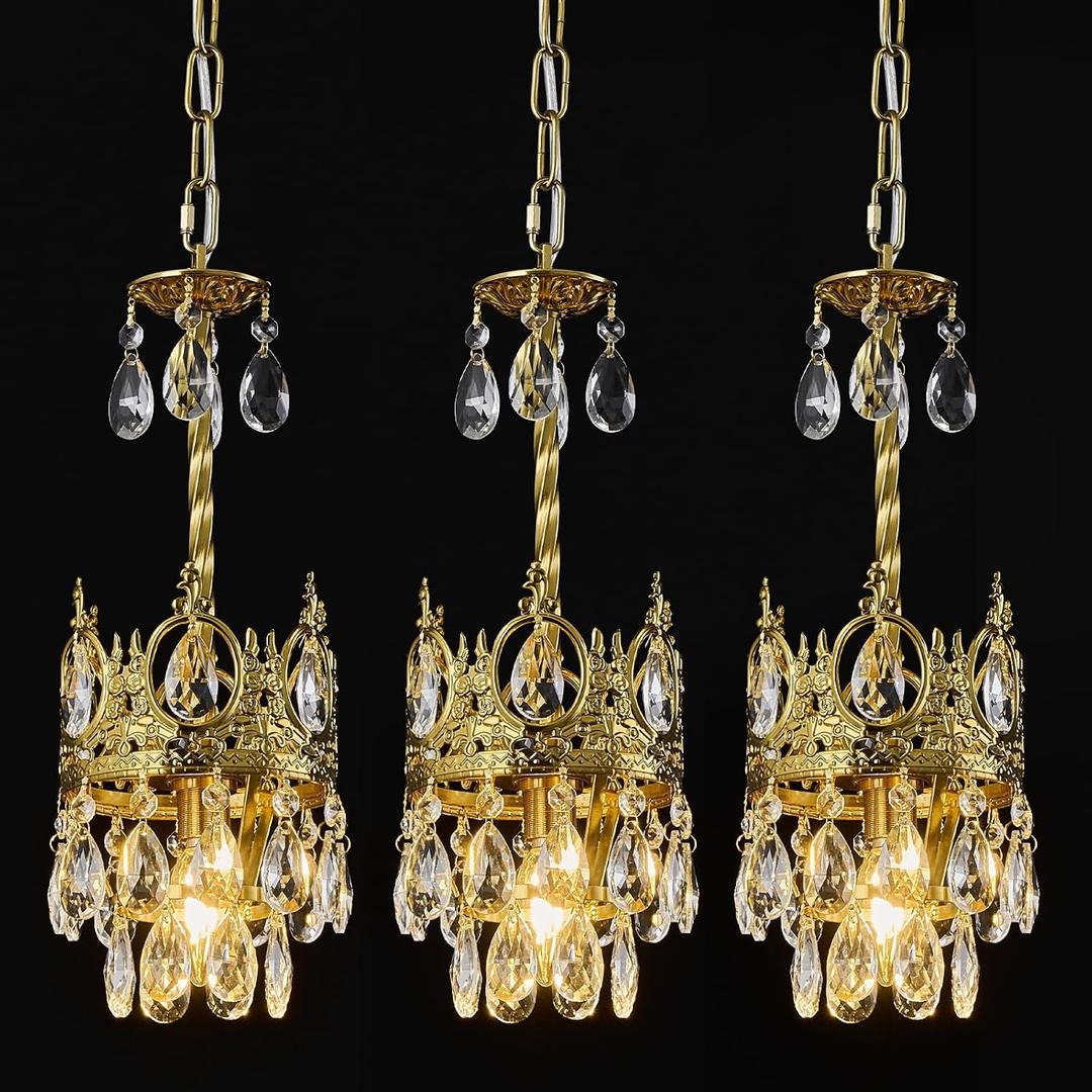 Modern Crystal Chandelier, Gold Elegant Crystal Ceiling Light for Dinning Living Room Bedroom Hallway (3 Pack)