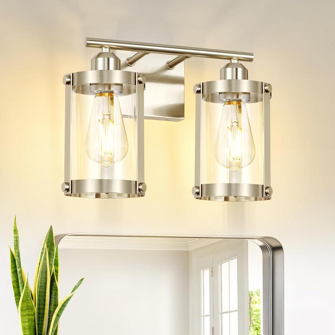 2-Light Brushed Nickel Bathroom Light Fixtures, 13.8 Inch Modern Bathroom Vanity Lighting Fixtures Over Mirror with Clear Glass and Metal Cage Wall Sconce Lights for Bath, E26, OS-3014BN-2W