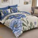 Luxudecor Beige Floral King Comforter Set 7 Pieces Bed in a Bag, Blue Flower Print on Beige Bedding Set,Soft Reversible Comforter with Sheets 104"x90"