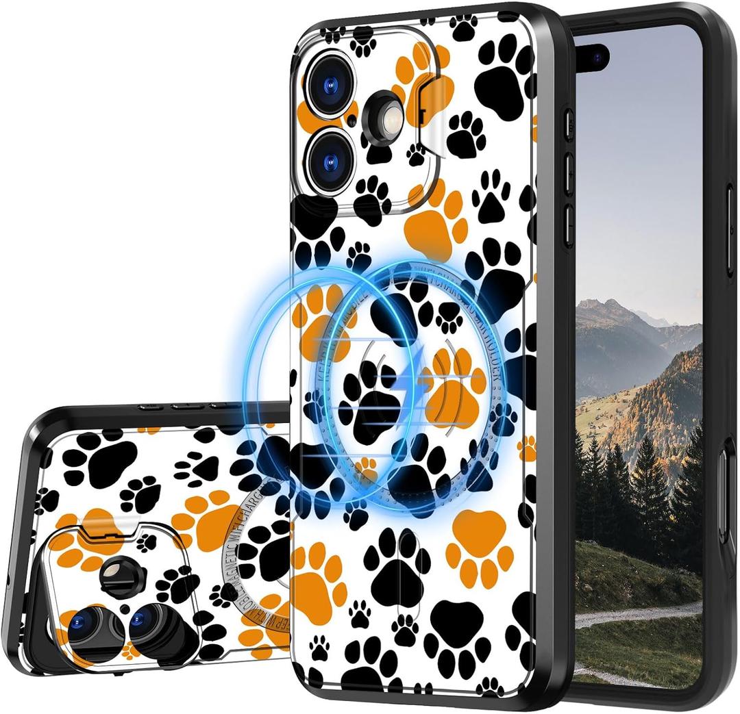 for iPhone 16 Case with Stand & Camera Cover, Full-Body Rugged Protective Phone Case with Kickstand & Magnetic Wireless Charging Compatibility, Dog Paw Prints