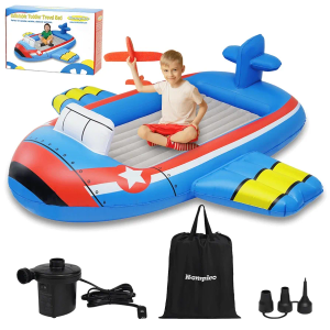 Inflatable Toddler Travel Bed with Safety Bumper,Portable Fighter Jet Toddler Bed Air Mattress for Kids, Ideal for Vacation,Camping,Sleepover,Electric Pump Included (Blue, Regular)