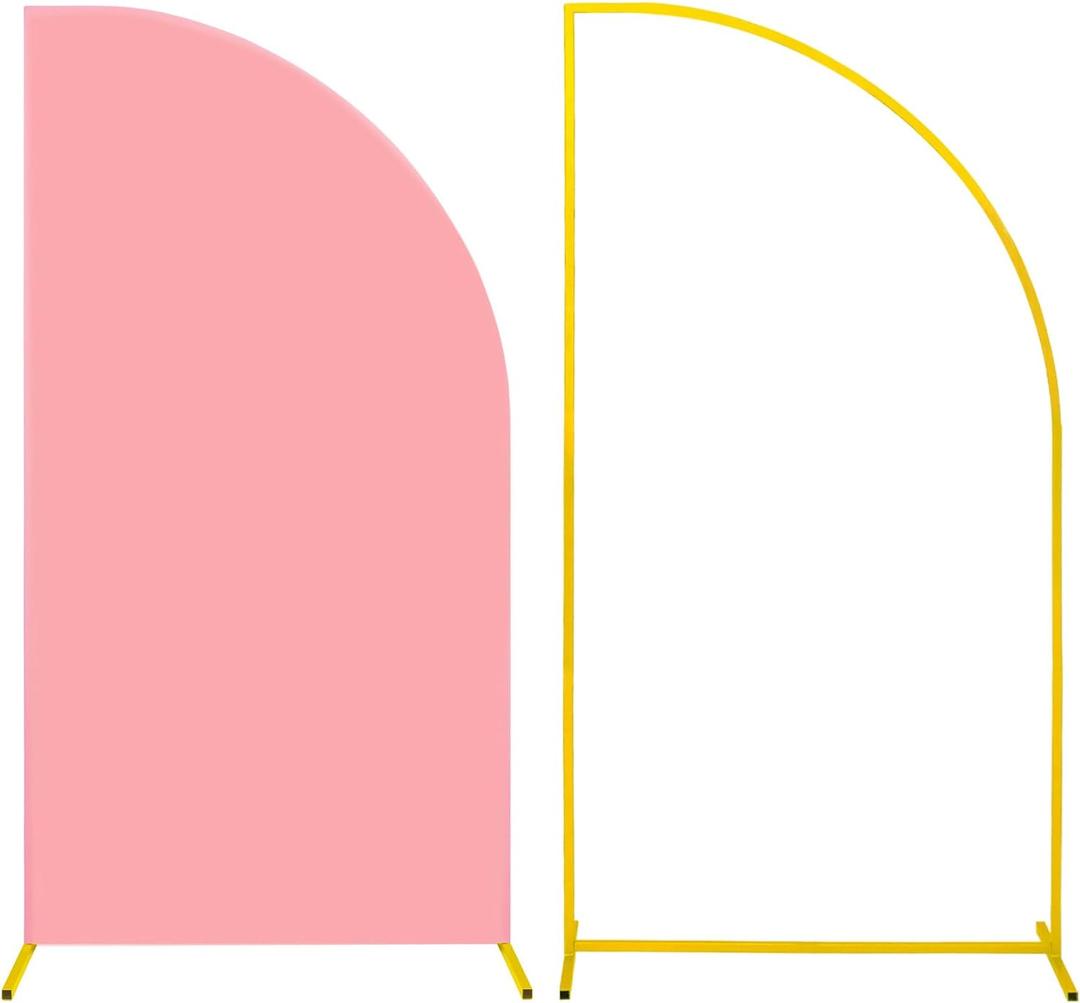 Metal Arch Backdrop Stand and Cover Set,1 Dusty Rose Spandex Fitted Arch Cover with 1 Gold Wedding Arched Stand Frame for Parties Birthday Baby Shower Bridal Banquet Decoration(5.2FTx2.6FT)