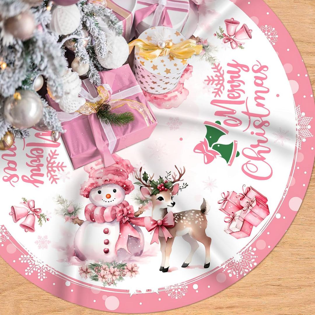 Pink Christmas Tree Skirt Merry Christmas Decoration Snowman Decoration 48 Inch Tree Skirt for Festival Party Decor Indoor Outdoor