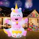 OurWarm 6FT Inflatable Unicorn Birthday Cake, Happy Birthday Inflatable Unicorn with Cake and Candle, Cute Outdoor Birthday Decorations with Built-In LED Lights and Blower for Home Yard Birthday Decor