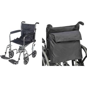 Drive Medical TR37E-SV Lightweight Folding Transport Wheelchair with Swing-Away Footrest, Silver & DMI Wheelchair Bag Provides Storage on Wheelchairs (1 Count (Pack of 1))