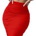 Eoeoo Women's Elastic High Waist Ruched Bodycon Stretch Elegant Pencil Midi Skirt Red Small