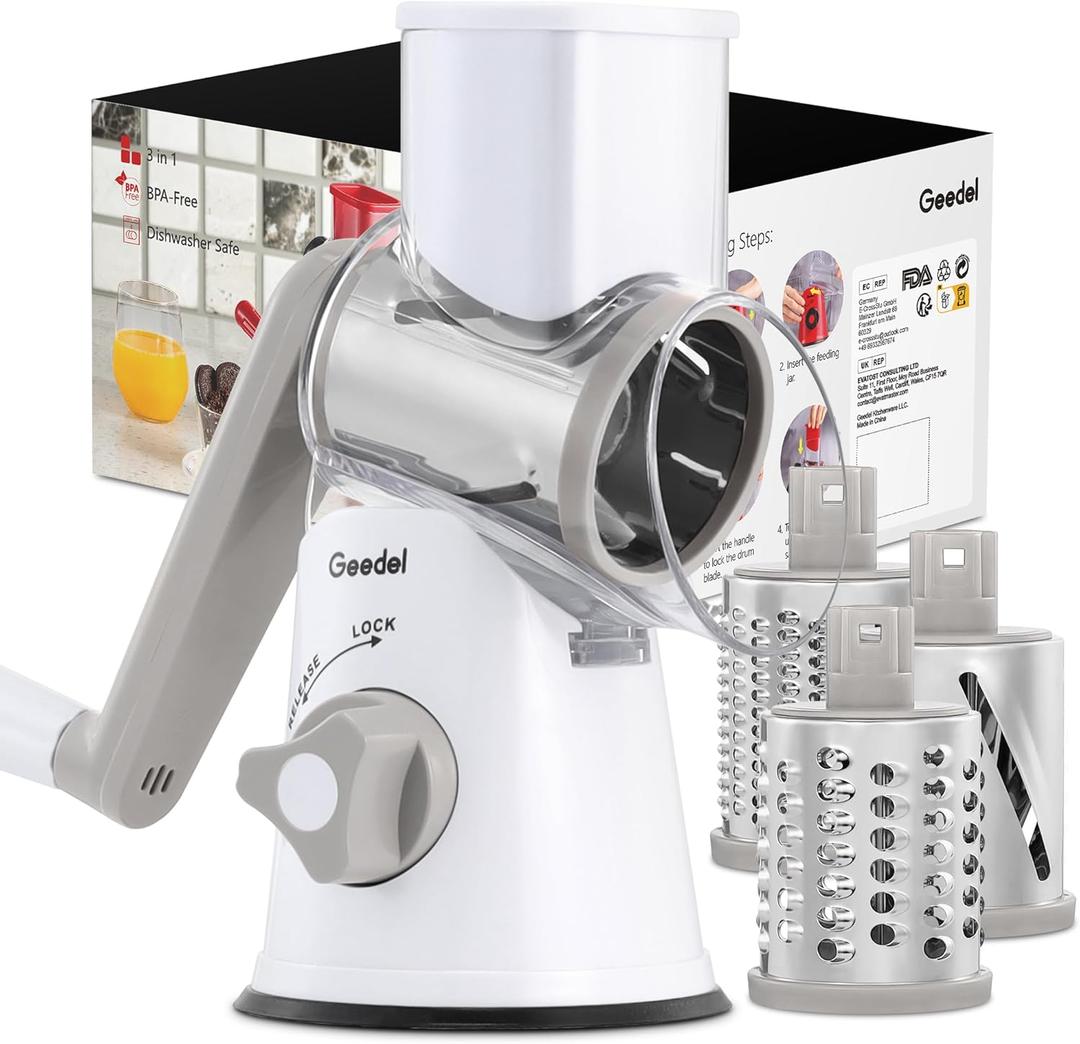 Geedel Rotary Cheese Grater, Kitchen Mandoline Vegetable Slicer with 3 Interchangeable Blades, Easy to Clean Rotary Grater Slicer for Fruit, Vegetables, Nuts (White)