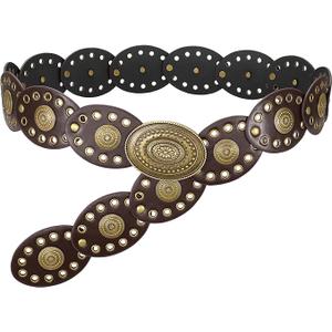 WERFORU Women Wide Western Belts for Dress Vintage Disc Belts for Women Cowgirl Leather Waist Belts Country Style Accessory-Style 10,S:Length 41"：Fit Waist Size Below 36"