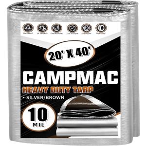 Tarps Heavy Duty Waterproof 20x40 Ft, 10 Mil Thick, High Durability, Rip, UV Resistant and Tear Resistant with Metal Gromets Every 20 Inches (Silver/Brown - Reversible)