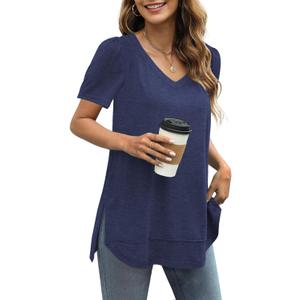 JomeDesign Summer Tops for Women Short Sleeve V Neck Shirts Side Split Loose Casual Tunic Tops (Medium)