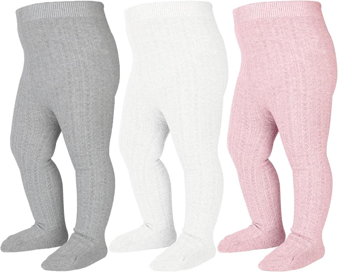 Mini angel Baby Tights Cable Knit Tights Baby Leggings Seamless Cotton Stockings Pantyhose 3/4 Pack for Infants Toddlers 0-5T (Ivory+grey+pink, 3 Pack)