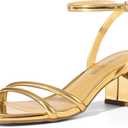DREAM PAIRS Women's Chunky Strappy Heels Square Open Toe Ankle Buckle Low Heels Sandals for Daily Wedding Party Dress, Size 6, Gold