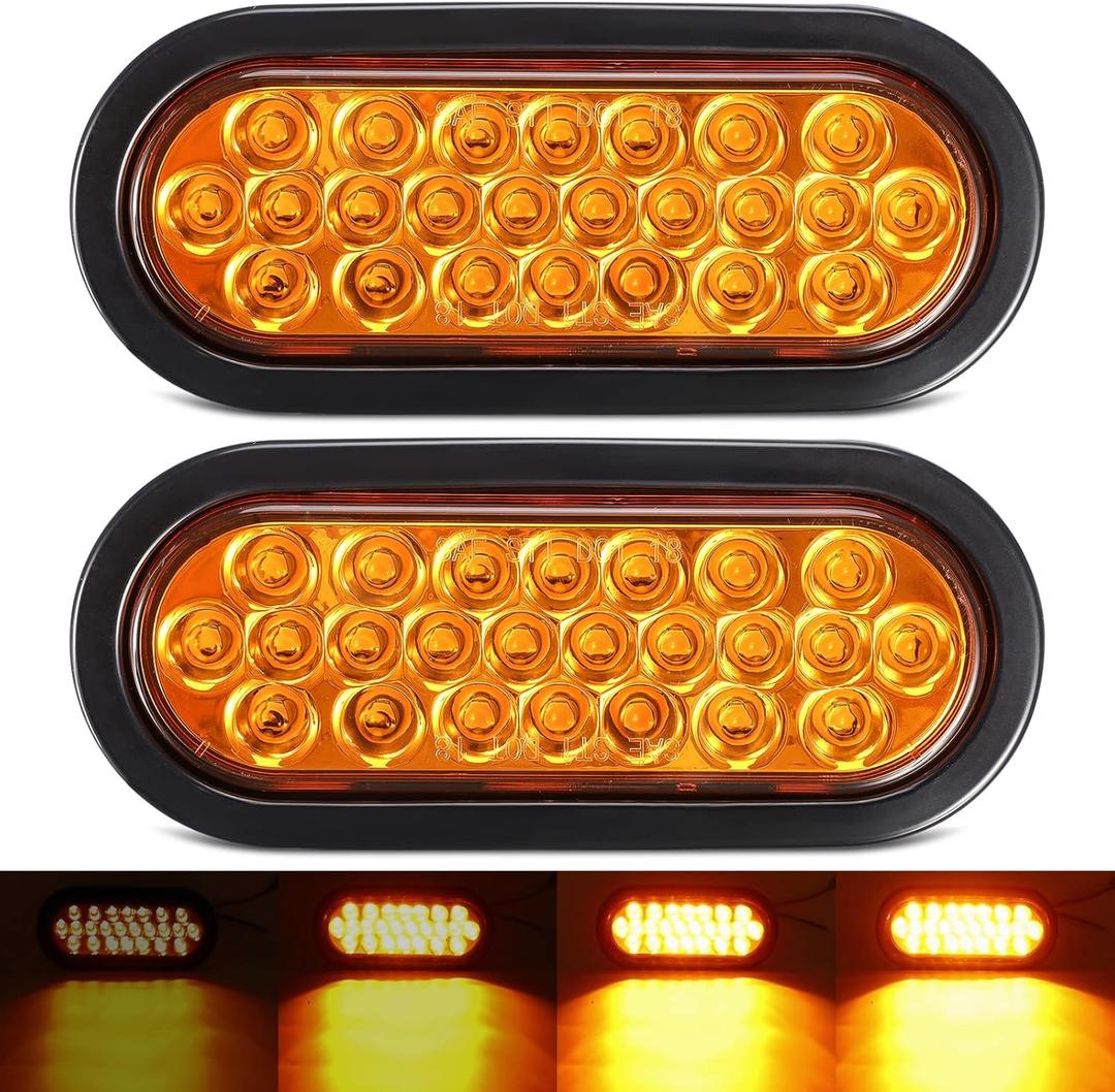 Partsam 2Pcs 6.3" LED Oval Amber Strobe Lights 24LED Recessed with Triple Flash Patterns for Truck Towing Trailer Lights Lamps, Rubber Grommets and 3-prong Wire Pigtails Included, 10V-30V