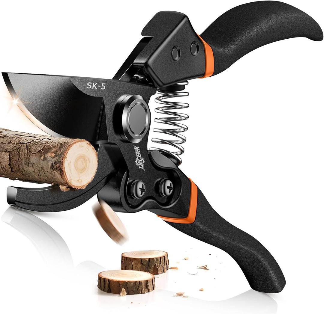 DECERK 8.5" Professional Pruning Shears - Cuts 4X Easier with Ultra Sharp Japanese Steel Titanium Blade, Arthritis Friendly Garden Scissors & Plant Clippers, Effortlessly Prunes 3/4" Branches