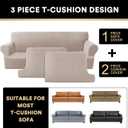 PrinceDeco T Cushion Sofa Slipcover 3 Pieces Sofa Covers for T Cushion Couch Soft Couch Covers Sofa Slip Cover Furniture Covers with 2 Individual T Shape Seat Covers Width Up to 88", Sand